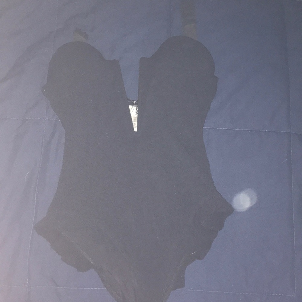 Black V-Neck Bathing Suit/Bodysuit With Ruffles